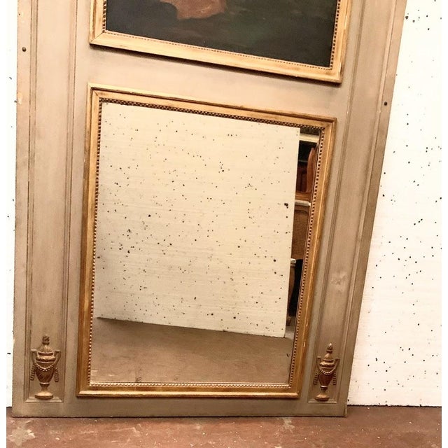 Louis XVI Style Trumeau Mirror in Patinated and Gilded Wood For Sale - Image 3 of 13