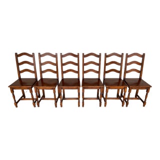 Vintage French Oak Country Ladder Back Dining Chairs - Set of 6 For Sale