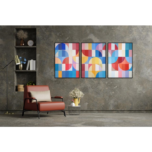 2025, Abstract Geometric Bauhaus Large Triptych of Vivid Blossoming Arcs, Acrylic Paint on Watercolor Paper by Natalia Roman For Sale In Miami - Image 6 of 11