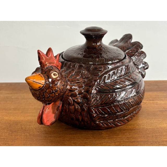 Incredible Folk Art chicken pottery canister with lid. In the form of a rooster. One of a kind piece with no maker's mark....