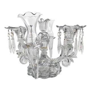 Vintage Cambridge Glass Crystal Epergne Candelabra With Hanging Prisms and Oval Mirror Display Base For Sale