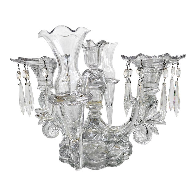 Vintage Cambridge Glass Crystal Epergne Candelabra With Hanging Prisms and Oval Mirror Display Base For Sale