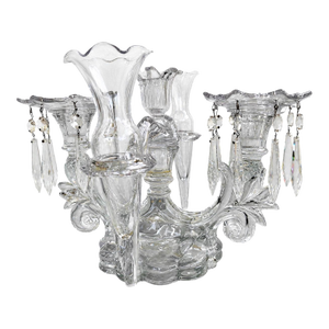 Vintage Cambridge Glass Crystal Epergne Candelabra With Hanging Prisms and Oval Mirror Display Base