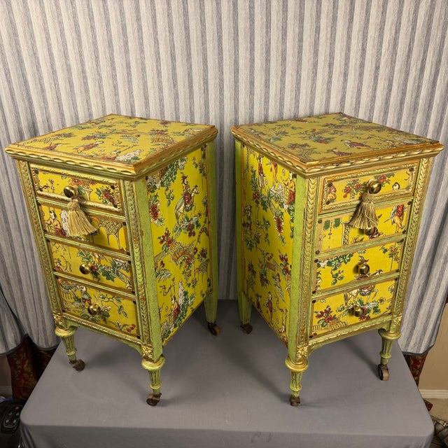 A Spectacular pair of Early 20th Century Venetian Style Chartreuse Chinoiserie Cabinets or Nightstands. These come...