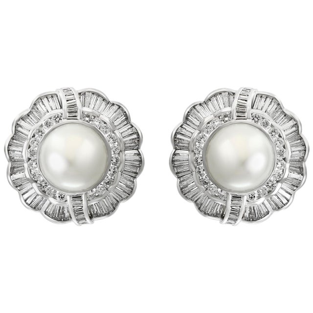 White South Sea Pearl with 12 Carat Diamond Cocktail Earrings 18 Karat Gold For Sale - Image 15 of 18