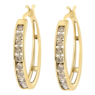14K Yellow Gold Plated .925 Sterling Silver 1.0 Cttw Channel Set Champagne Diamond Hoop Earrings with Snap Post (K-L Color, I1-I2 Clarity) For Sale