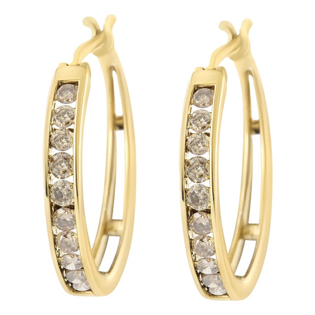 14K Yellow Gold Plated .925 Sterling Silver 1.0 Cttw Channel Set Champagne Diamond Hoop Earrings with Snap Post (K-L Color, I1-I2 Clarity) For Sale