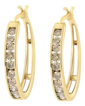14K Yellow Gold Plated .925 Sterling Silver 1.0 Cttw Channel Set Champagne Diamond Hoop Earrings with Snap Post (K-L Color, I1-I2 Clarity)