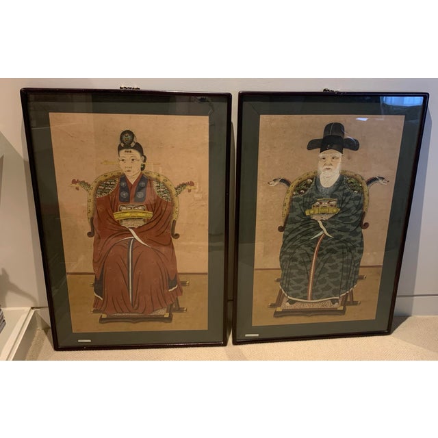 Mid 19th Century Framed Chinese Orr Korean Emperor and Empress 19th Century Ancestors, a Pair For Sale - Image 5 of 5