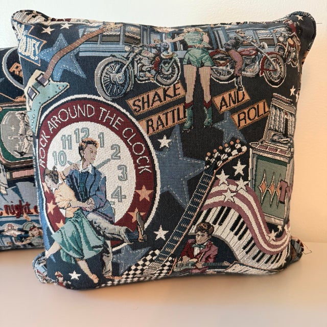 Vintage Rockabilly Retro Music Tapestry Pillows, a Pair For Sale - Image 4 of 9