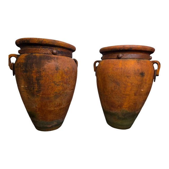 Attributed Monumental 19th-Century Mediterranean Terracotta Amphorae With Rare Forged Iron Armatures – A Pair For Sale