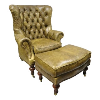 Lillian August Brown Green Leather Chesterfield Club Lounge Chair & Ottoman For Sale