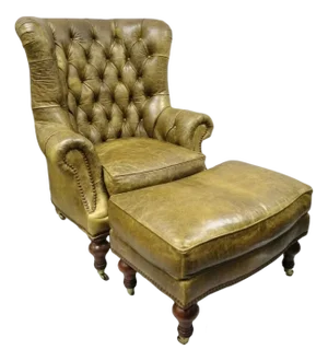 Lillian August Brown Green Leather Chesterfield Club Lounge Chair & Ottoman