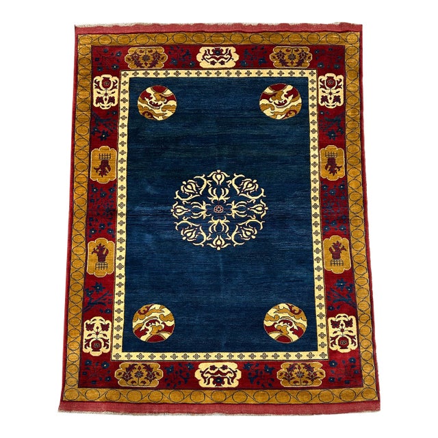 1990s Asian Inspired Design, Deep Indigo, Yellow, Asian Deco, For Sale