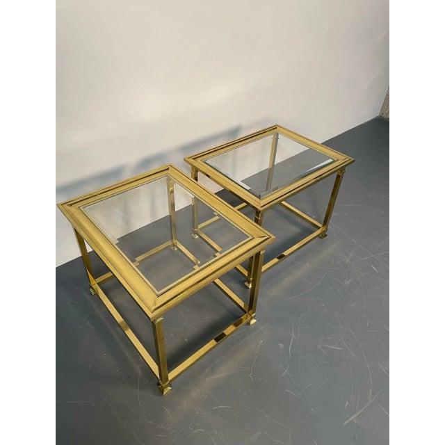 1950s Pair Hollywood Regency Mastercraft Brass, Glass End / Side Tables, Mid-Century For Sale - Image 5 of 13