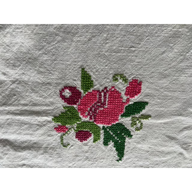 White Antique Finely Hand Embroidered Flowers Linen Tablecloth For Sale - Image 8 of 9
