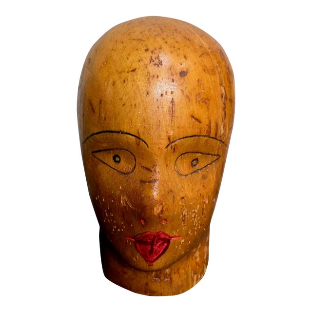 Antique Millinery Balsa Wood Hat Store Display Head For Sale