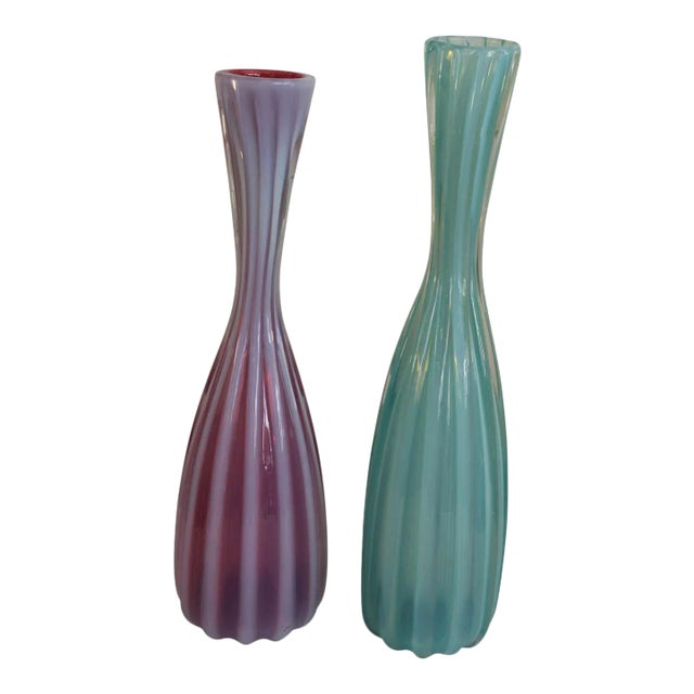 1970s Murano Cranberry, Turquoise and Opaque Vases - Set of 2 For Sale
