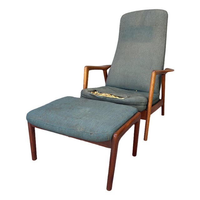 Folke Ohlsson Dux Teak Oak Danish Modern Lounge Chair Ottoman Recliner Vintage For Sale