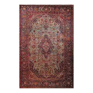 Early 20th Century Kashan Rug, Handwoven Floral Pattern, Turquoise & Red, 6’ X 9’ For Sale