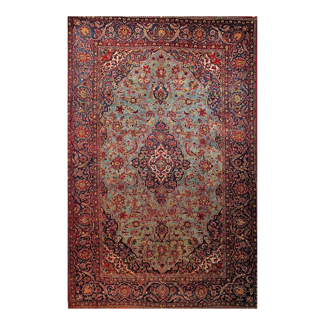 Early 20th Century Persian Kashan Rug, Handwoven Floral Pattern, Turquoise & Red, 6’ X 9’ For Sale
