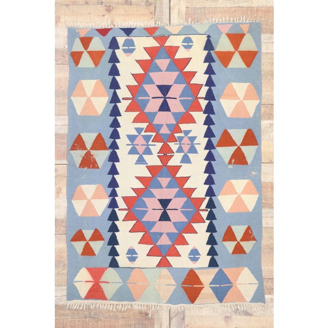 Sky Blue Vintage Persian Shiraz Kilim Rug, 04'01 X 05'09 For Sale - Image 8 of 9