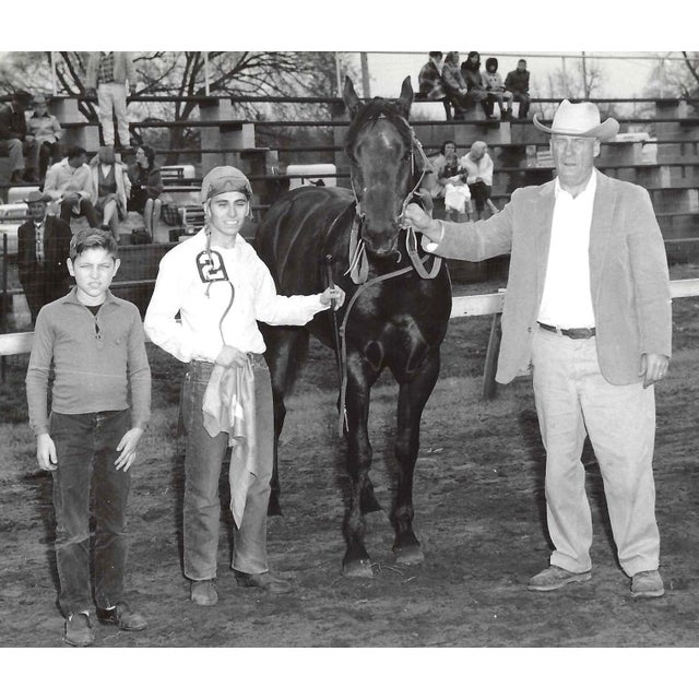 November 1965 black and white photograph of Judge Jr in the winner's circle at Marble Downs in Carthage, Missouri. Jockey...