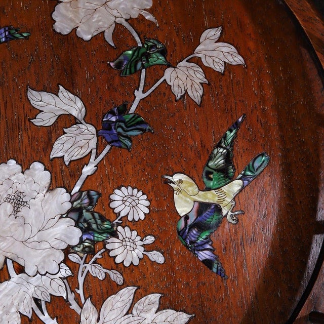 Shell Vintage Chinese Rosewood Tea Tray | Mother-of-Pearl Inlaid Bird & Flower Motif For Sale - Image 7 of 9