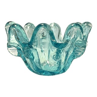 Mid-Century Italian Murano Style Aqua Blue Swung Glass 8-Finger Trinket Dish For Sale
