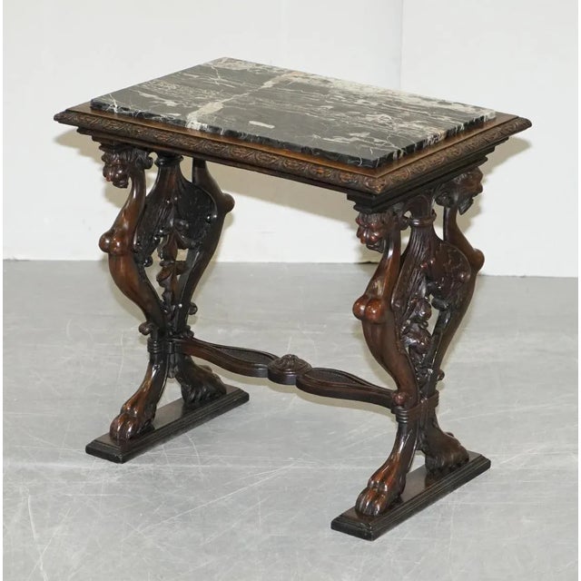 Italian Ornately Hand Carved Oak Side Table with Solid Marble Top, 1840s For Sale - Image 3 of 18