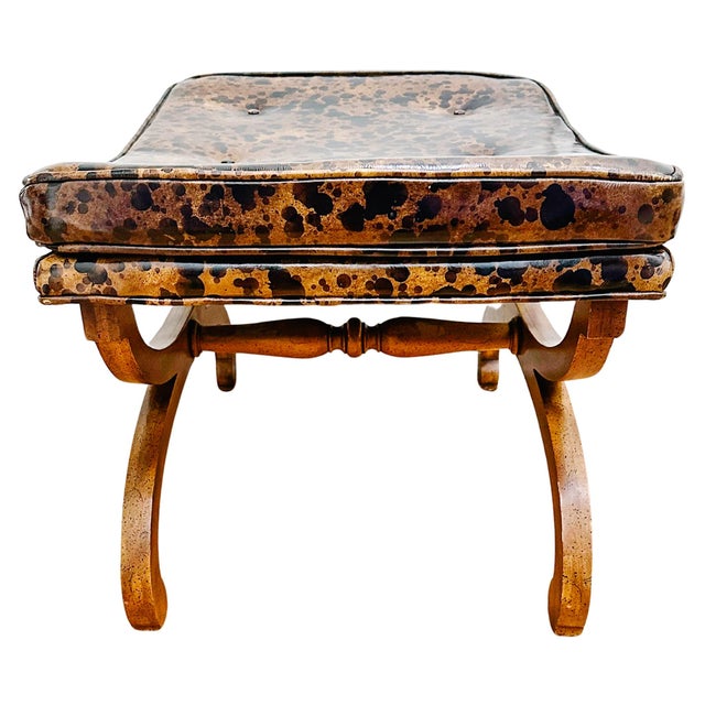 Brown Mid 20th Century Curule Bench With Tufted Faux Tortoise Shell Vinyl Seat For Sale - Image 8 of 12