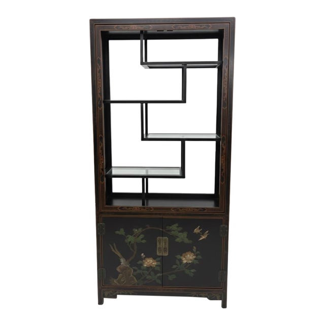1980s Mid-Century Chinoiserie Black Lacquer Staggered Vitrine Cabinet For Sale