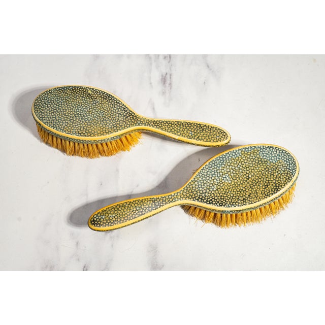 Rare Antique English Shagreen Vanity Set c.1920, Goldsmiths & Silversmiths London, 5-Piece Boxed Dressing Set Brushes Mirror For Sale - Image 12 of 15