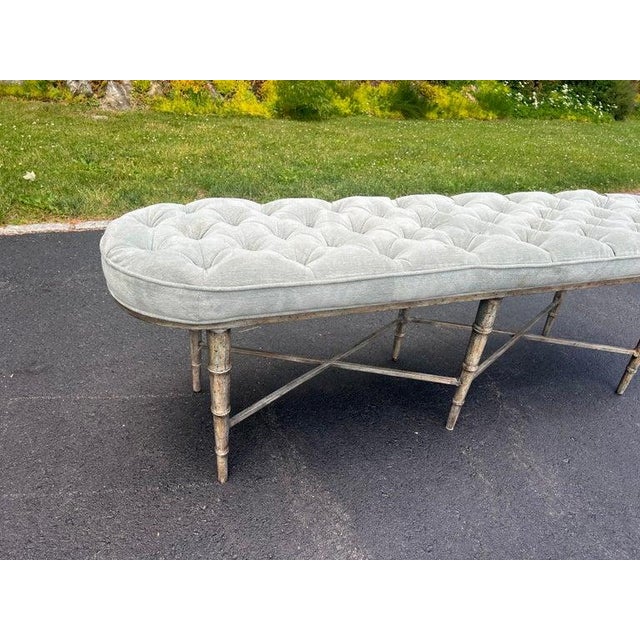 Modern Faux Bamboo Tufted Velvet Bench in Grey Blue Upholstery For Sale In New York - Image 6 of 18