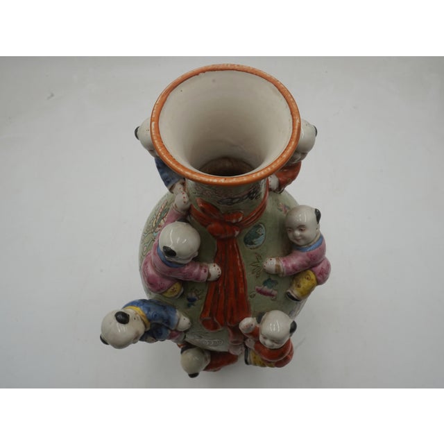 Vintage Chinese Familia Rose Seven Boys Fertility Vase For Sale In Philadelphia - Image 6 of 9
