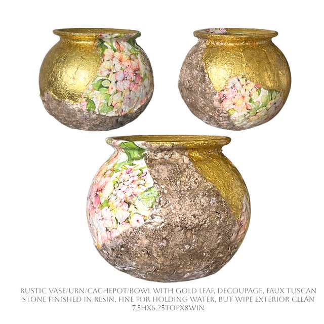 Studio original art- old-world botanical vessel combining delicate floral decoupage, hand-applied gold leaf and a heavily...