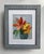 Bright and vivid painting of orange Tiger Lilies in a blue vase in a ready to display vintage blue carved wood frame....