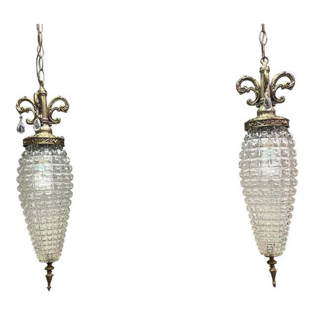 1970s Cut Glass and Brass Hanging Pendants - a Pair For Sale