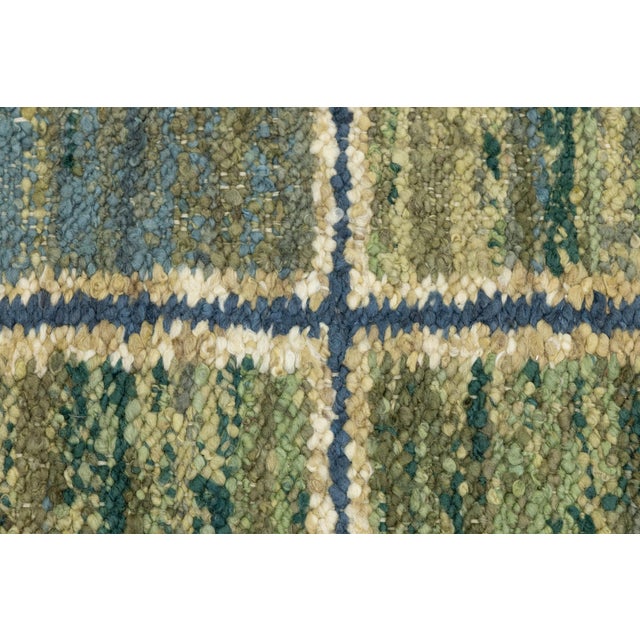 Blue Modern Swedish-Style Flatweave Wool Rug – Moss Green & Slate Blue Geometric Grid For Sale - Image 8 of 10