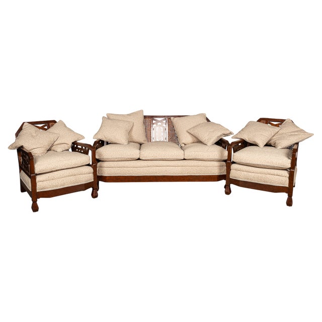 Victorian Sofa and Amchairs in Bergere and Dappled Walnut, 1890s, Set of 3 For Sale