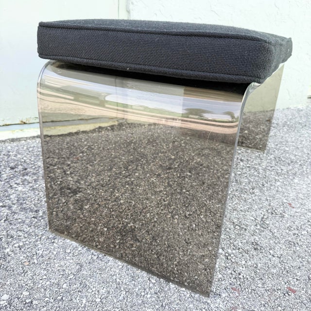 Black Mid Century Modern Smoked Lucite Waterfall Bench With Black Cushion For Sale - Image 8 of 10