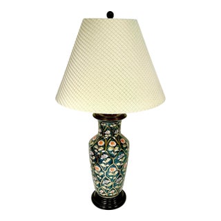 Mid 20th Century Chinoiserie Boho Chic Hollywood Regency Ceramic Flora Botanical Table Lamp, Textile Shade. For Sale