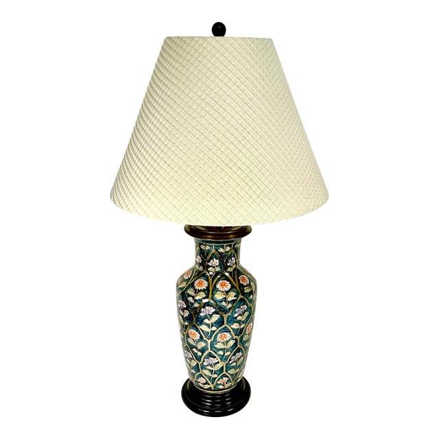 Mid 20th Century Chinoiserie Boho Chic Hollywood Regency Ceramic Flora Botanical Table Lamp, Textile Shade For Sale