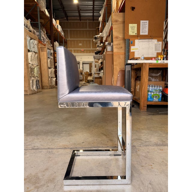 Contemporary Artistic Frame Metallic Indigo Leather Counter Stool For Sale - Image 3 of 6
