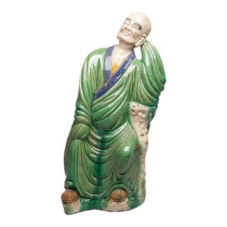 Large Antique Chinese Shiwan Crackle Glazed Luohan (Arhat) Pottery Figure, Early 20th Century, 19.6" For Sale