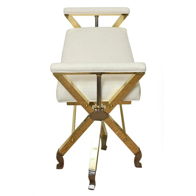 Restored Vintage Brass, Steel and Off White Upholstered 3-Legged Bench Mid Century Modern 50's For Sale - Image 4 of 8