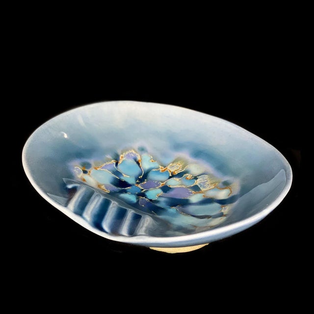 Vintage Madeline California Pottery Porcelain Blue Iridescent Candy Dish Bowl For Sale - Image 6 of 13