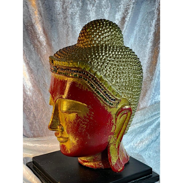 Asian Antique Antique Red Lacquer & Gilt Buddha Head Sculpture on Stand, Japan, Early 20th Century For Sale - Image 3 of 7