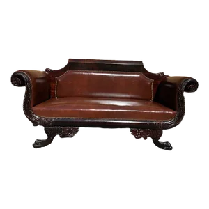 Antique Empire Style Carved Mahogany Leather Upholstered Sofa 19th Century