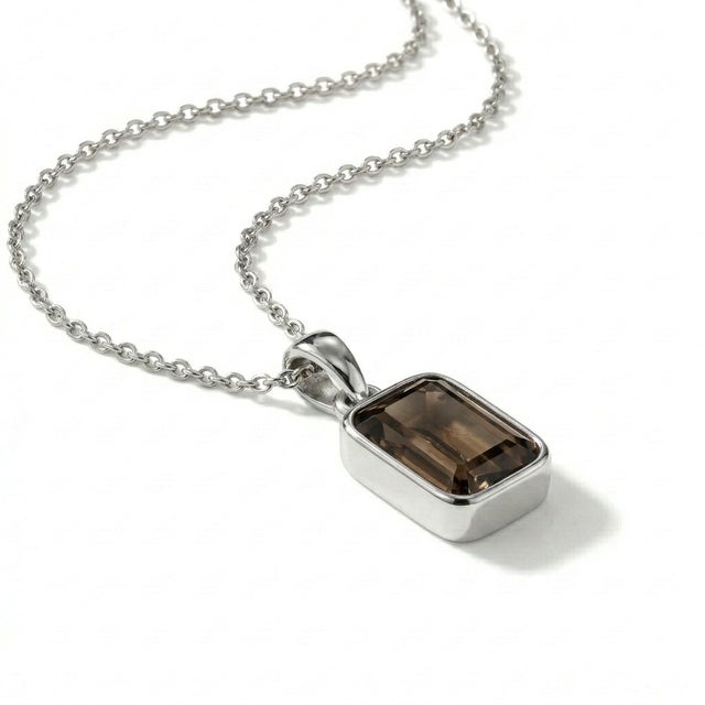 Smoky Topaz Emerald Cut Pendant, Bezel Setting Stackable Pendant For Sale - Image 4 of 4